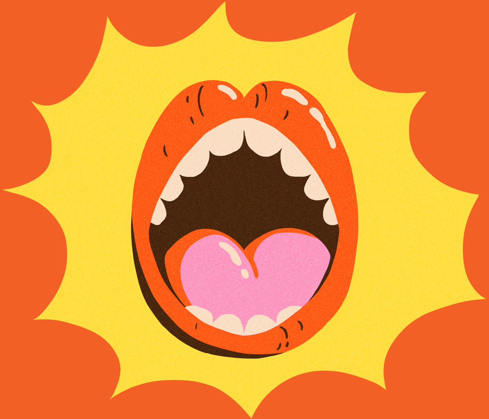 A bright illustrated graphic of an open shouting mouth with orange lips, set against a yellow splash star shape