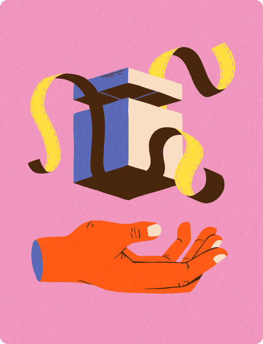 An illustrated graphic of a floating orange hand with a present hovering above it and the ribbon opening