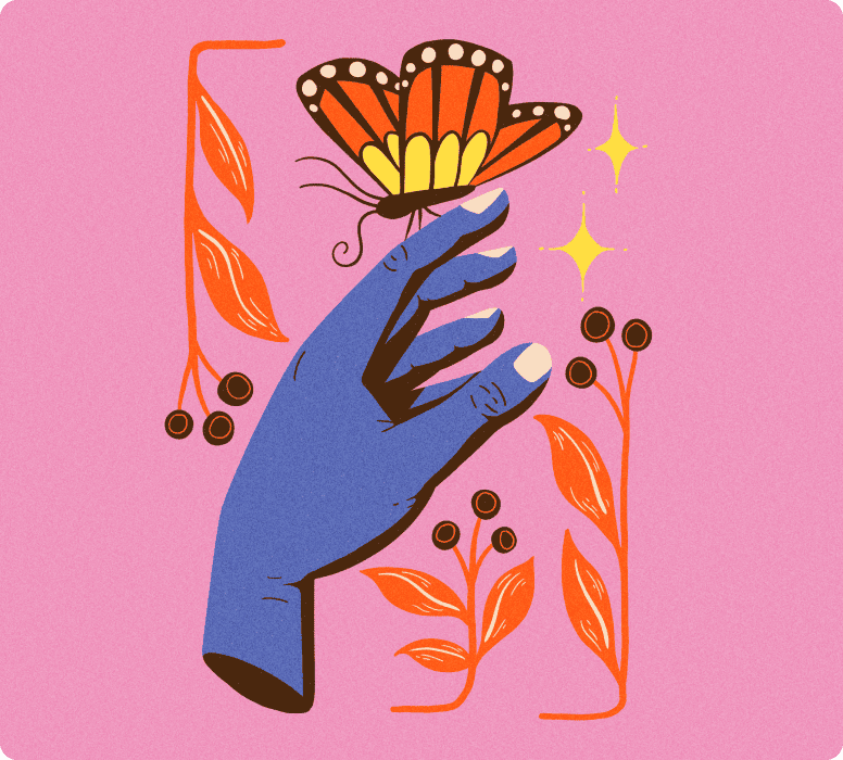 An illustrated graphic of a floating blue hand with an orange butterfly and orange flowers