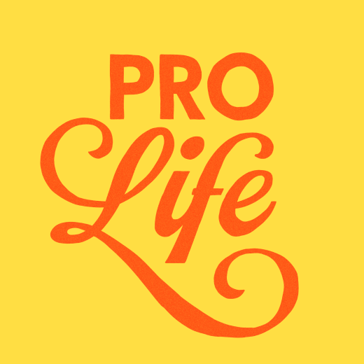 Orange Pro Life script lettering set against a yellow background