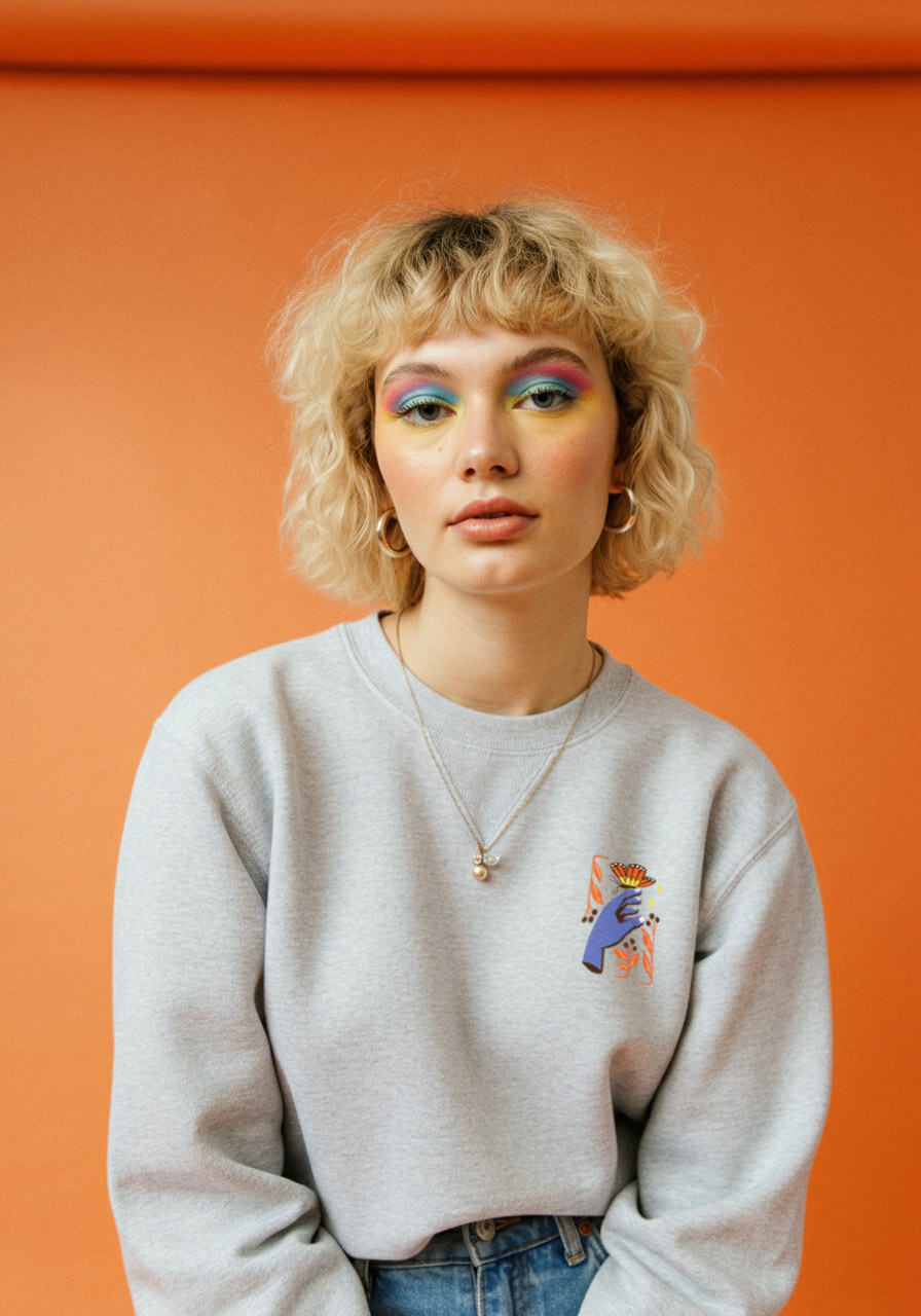 A woman wearing the grey sweater from the ProLife Europe merchandise collection, facing the camera and against an orange paper backdrop in a studio setting